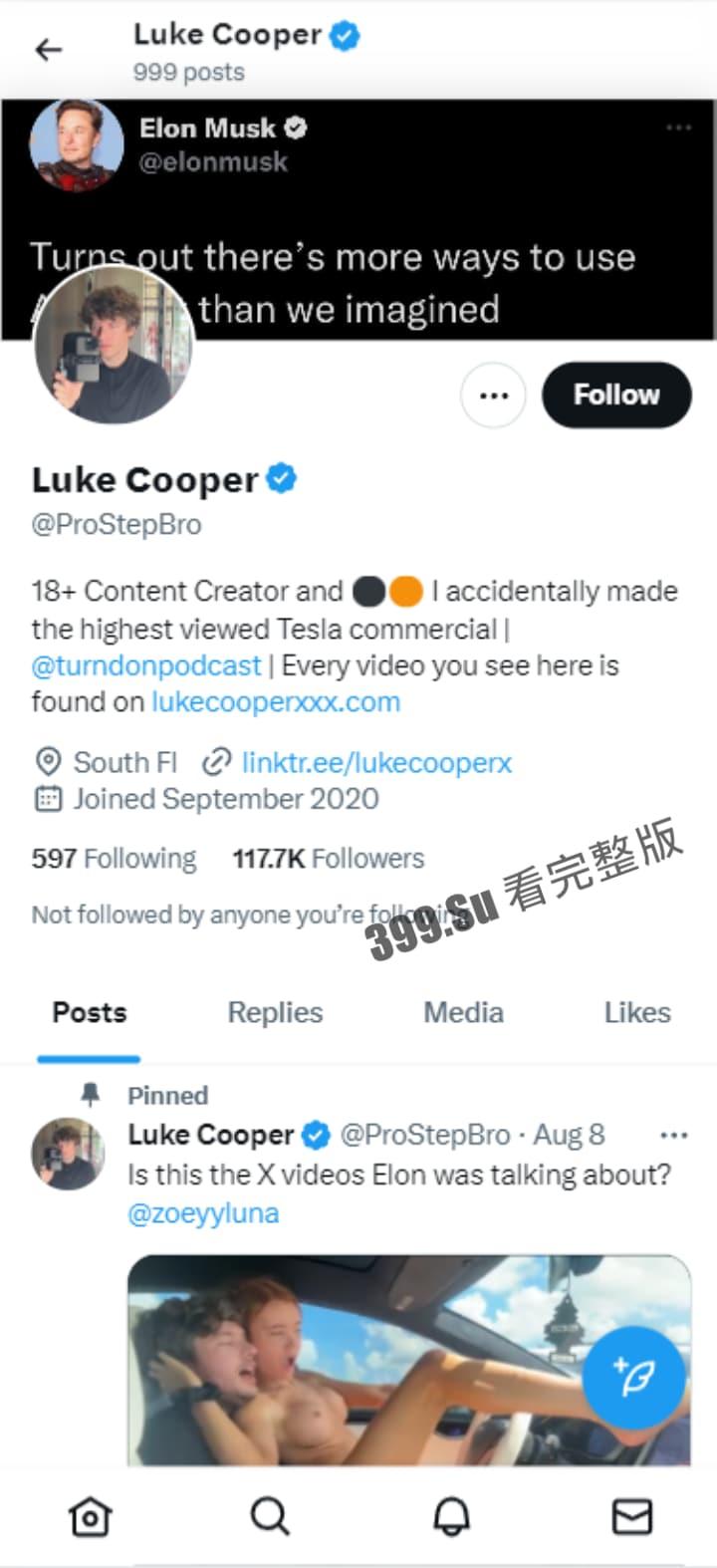 特斯拉成人界广告  色情博主#ProStepBro 开启特斯拉自动驾驶 和多位性感美女疯狂做爱